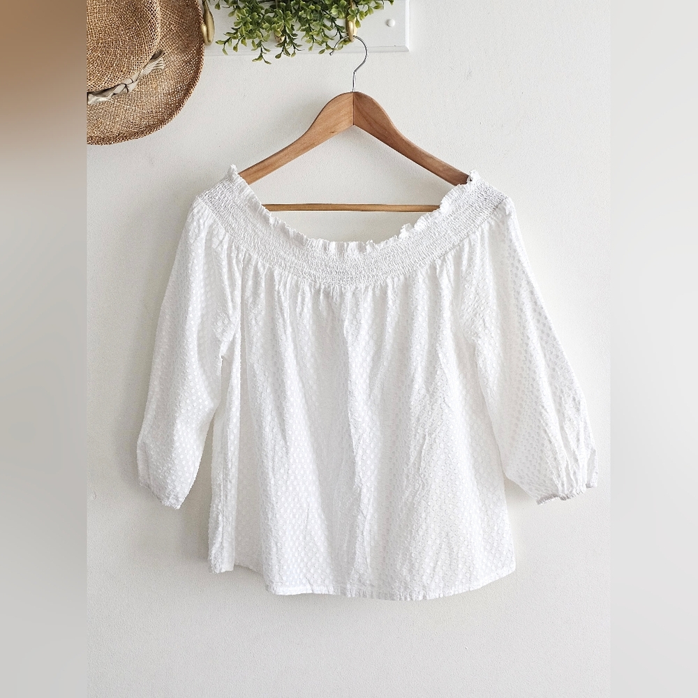 NWT Primark White Smocked Off Shoulder Peasant Blouse Size 12 Cotton Boho Top